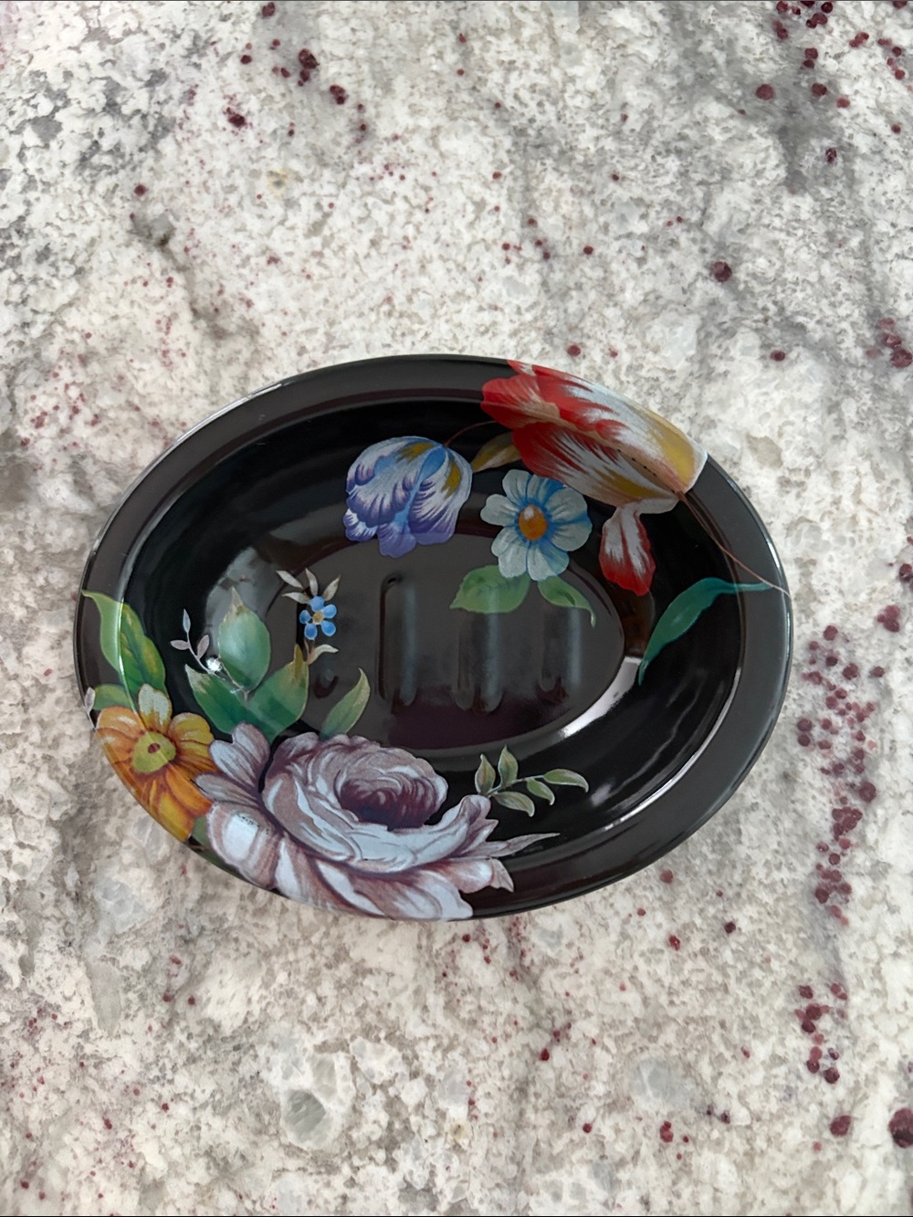 MacKenzie-Childs Black Floral Hand-Painted Ceramic Soap Dish